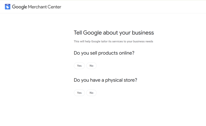 Página de registro do Google Merchant Center