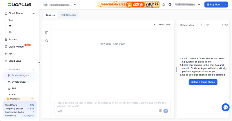 DUO+ AI Agent interface showing the natural language prompt input box