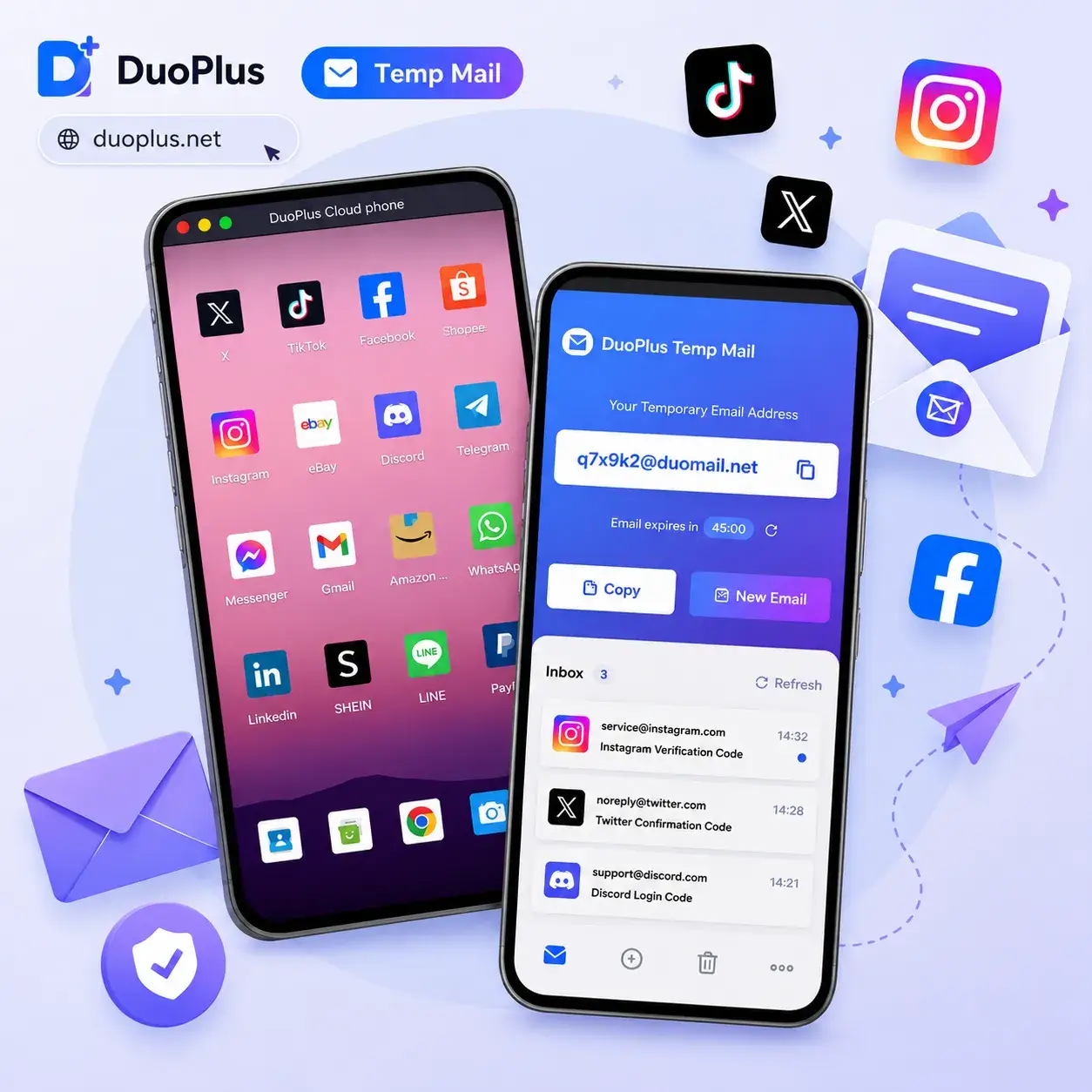 DuoPlus 临时邮箱收件箱界面预览